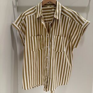 Entro Tan & White Striped Buttoned Short Sleeve Blouse Top - Size Small